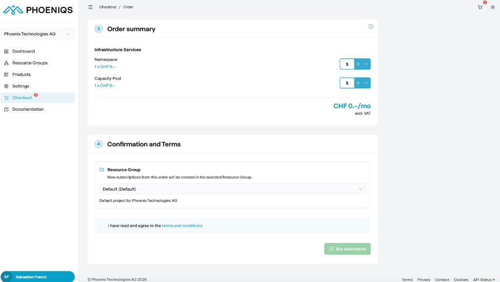 Checkout — select Resource Group when purchasing Infrastructure Services