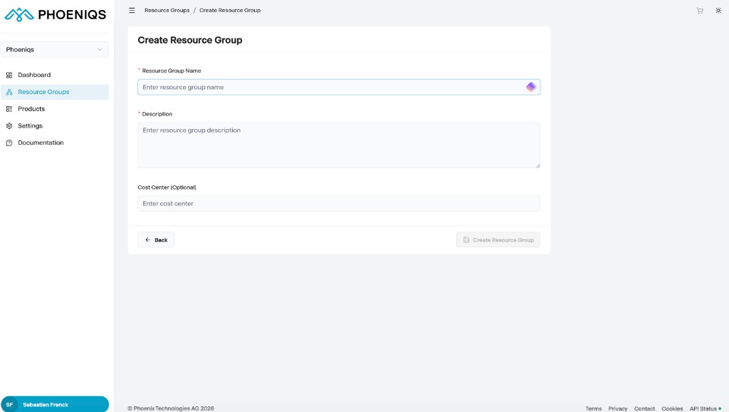 Create Resource Group form in the Phoeniqs Portal