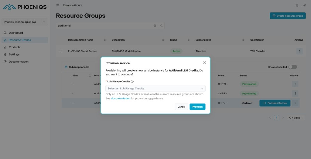 Select the LLM API to add credits to in the Provision service pop-up